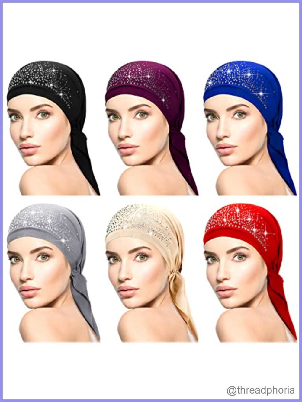 6 Pack Pre-Tied Headwraps for Women Chemo Headwear Polyester Rhinestone